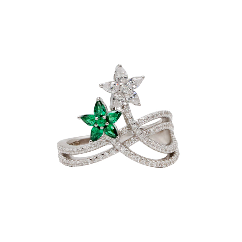 Silver & Green Gemstone Floral Ring