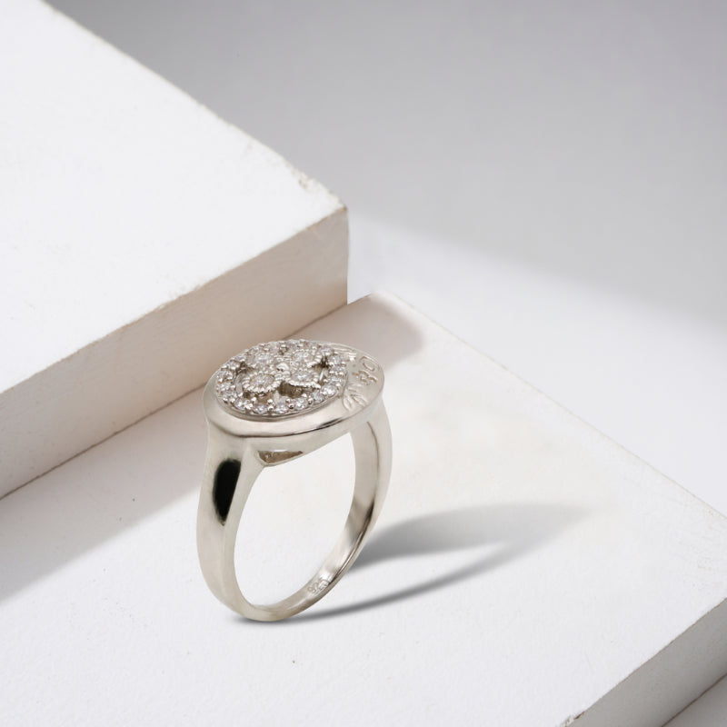 Silver & CZ Floral Signet Ring