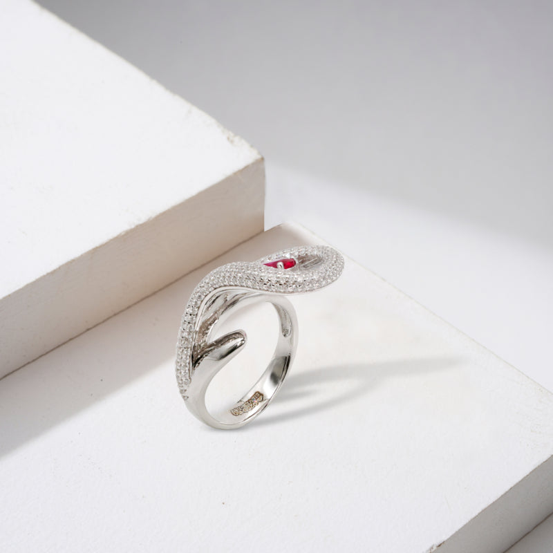 Silver & Red Gemstone Serpent Ring