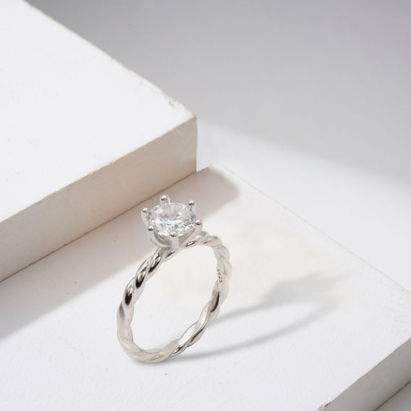 Silver & CZ Twisted Solitaire Ring