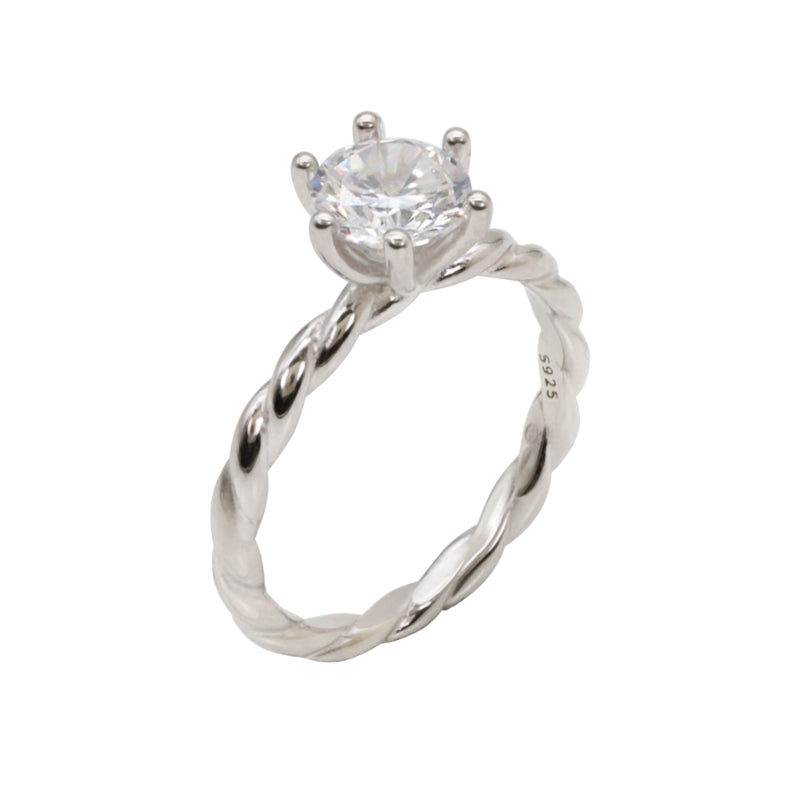 Silver & CZ Twisted Solitaire Ring