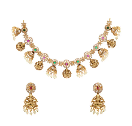 Gold-Plated Oxidized Silver Lakshmi Temple Necklace Set