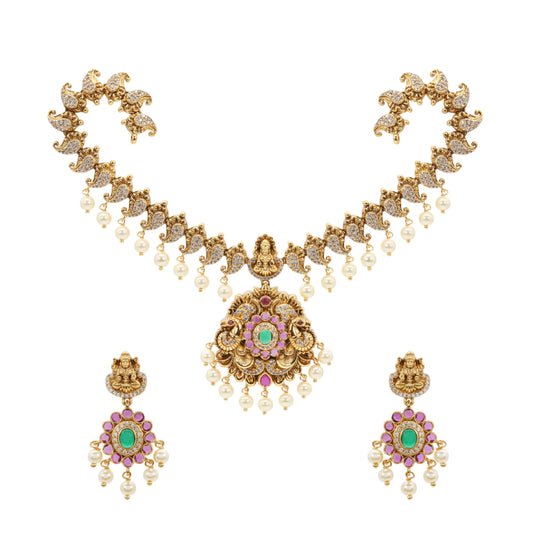 Antique Gold Polish Temple Necklace Set with Green Stone Accents