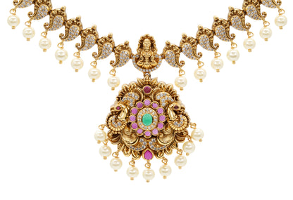 Antique Gold Polish Temple Necklace Set with Green Stone Accents
