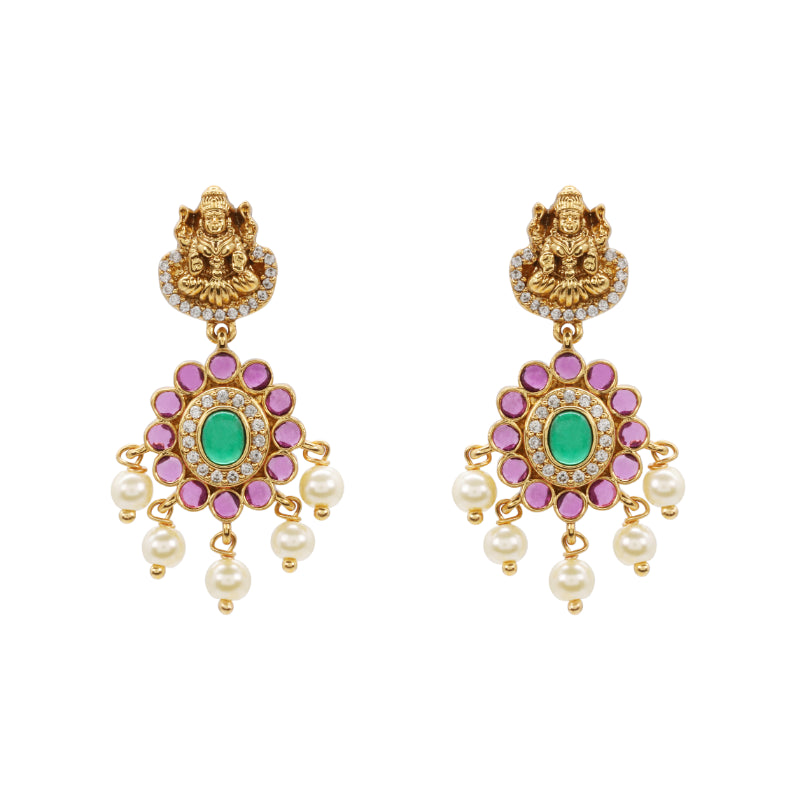Antique Gold Polish Temple Necklace Set with Green Stone Accents
