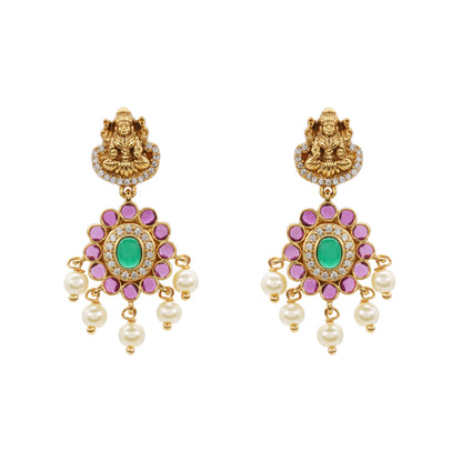 Antique Gold Polish Temple Necklace Set with Green Stone Accents