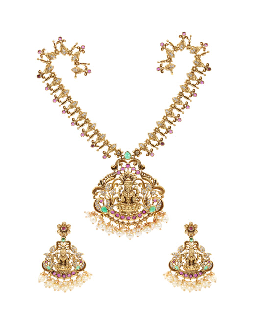 Gold-Plated Lakshmi Necklace Set with Pearl Drops