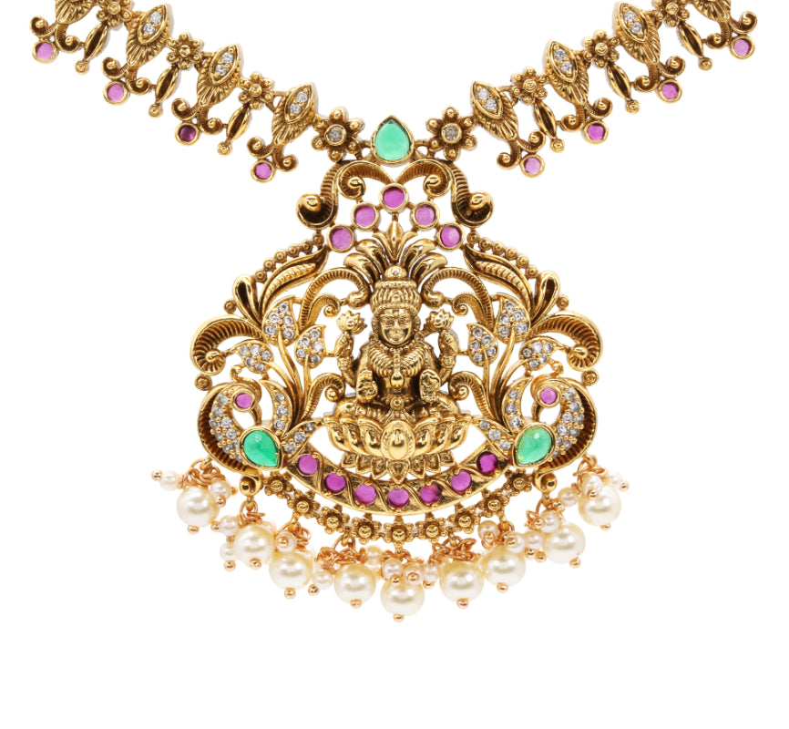 Gold-Plated Lakshmi Necklace Set with Pearl Drops