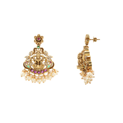 Gold-Plated Lakshmi Necklace Set with Pearl Drops