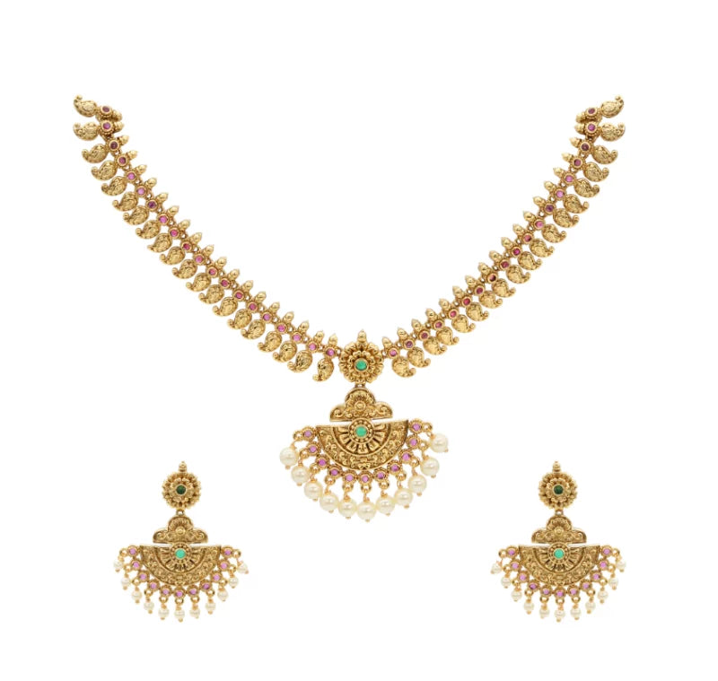 Antique Gold-Plated Temple Necklace Set with Green Stone Accents