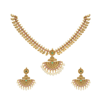 Antique Gold-Plated Temple Necklace Set with Green Stone Accents