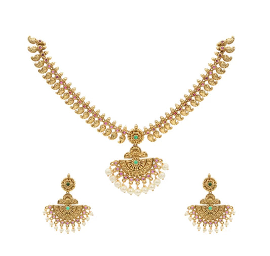Antique Gold-Plated Temple Necklace Set with Green Stone Accents