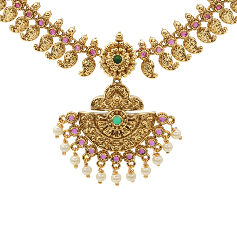 Antique Gold-Plated Temple Necklace Set with Green Stone Accents