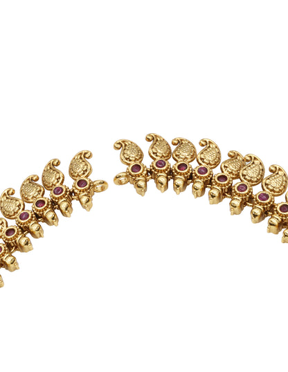 Antique Gold-Plated Temple Necklace Set with Green Stone Accents