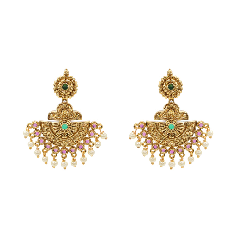 Antique Gold-Plated Temple Necklace Set with Green Stone Accents