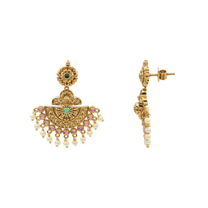 Antique Gold-Plated Temple Necklace Set with Green Stone Accents