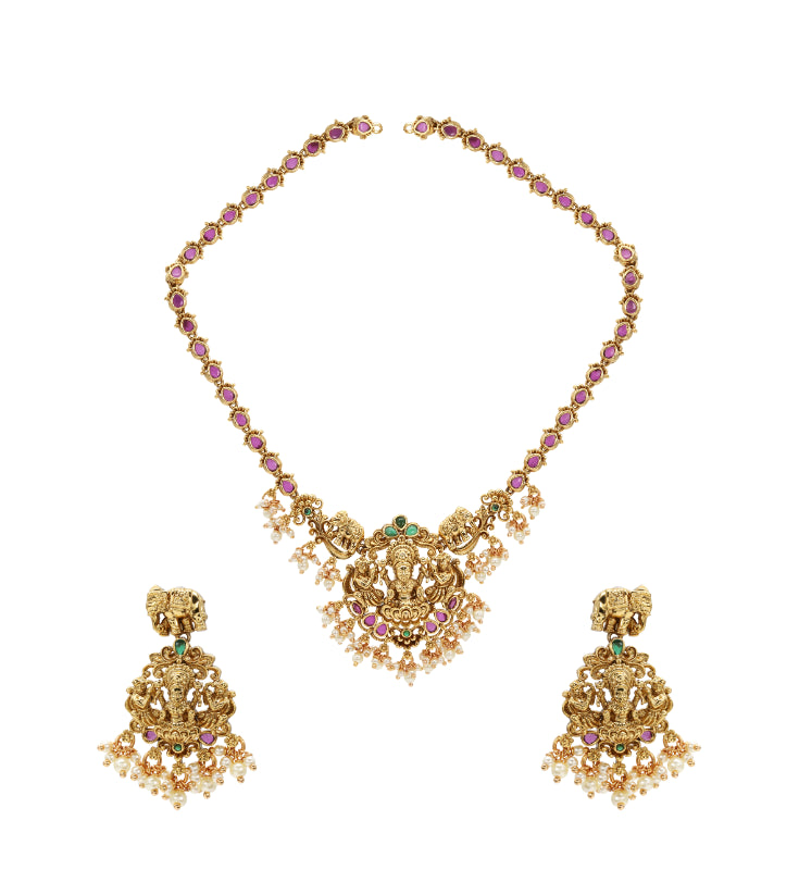 Antique Gold-Plated Lakshmi Necklace Set with Ruby Accents