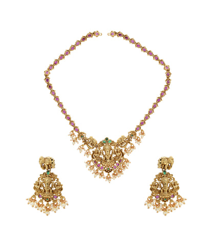 Antique Gold-Plated Lakshmi Necklace Set with Ruby Accents