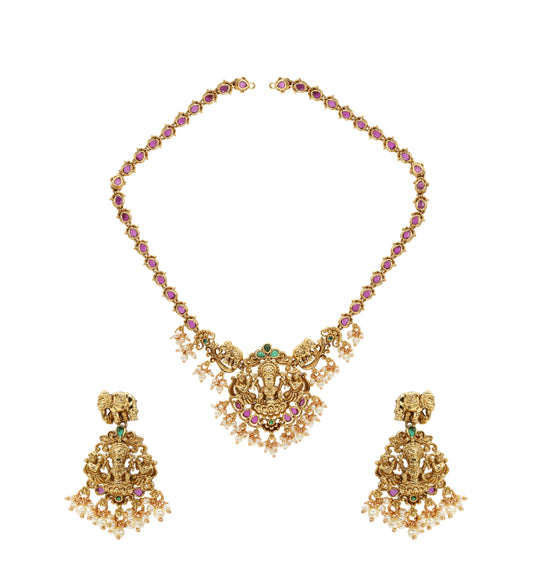 Antique Gold-Plated Lakshmi Necklace Set with Ruby Accents