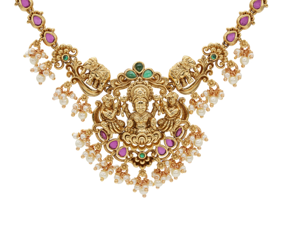 Antique Gold-Plated Lakshmi Necklace Set with Ruby Accents