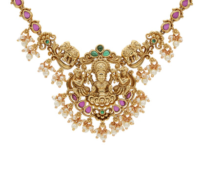 Antique Gold-Plated Lakshmi Necklace Set with Ruby Accents