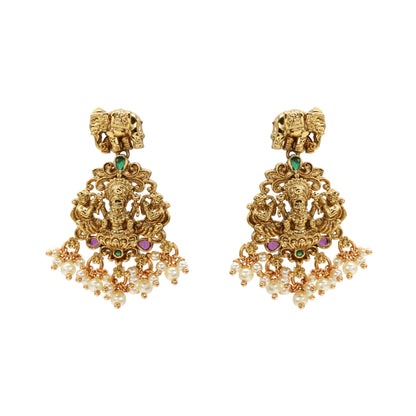 Antique Gold-Plated Lakshmi Necklace Set with Ruby Accents