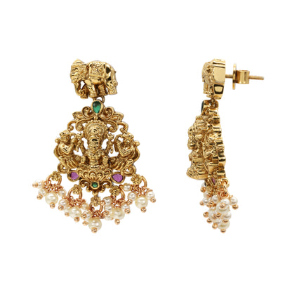 Antique Gold-Plated Lakshmi Necklace Set with Ruby Accents