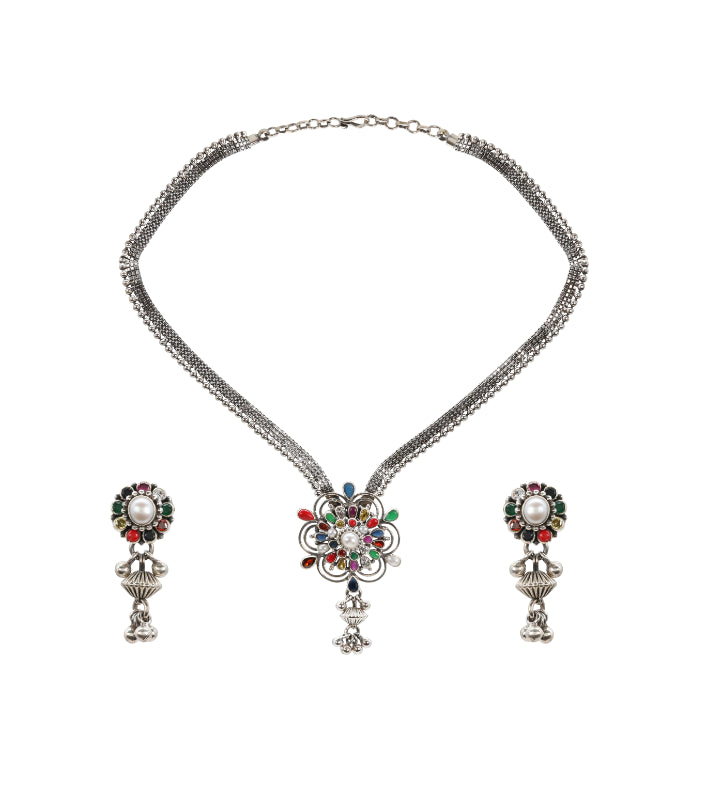Navratan Bloom Silver Jewelry Set