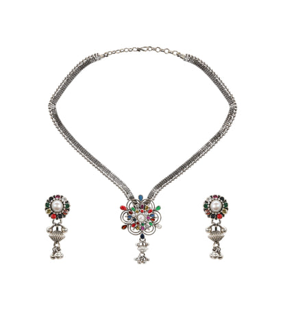 Navratan Bloom Silver Jewelry Set