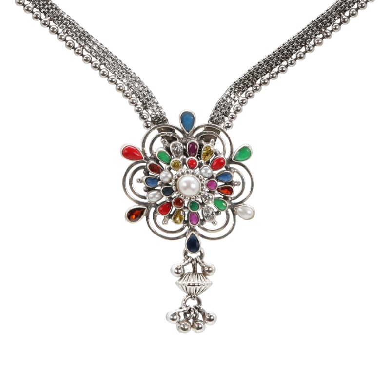 Navratan Bloom Silver Jewelry Set