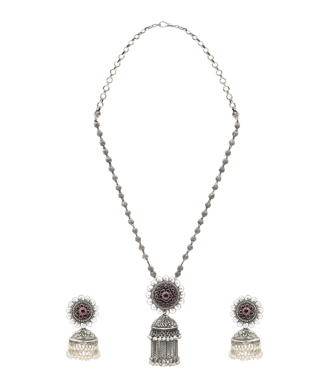 Crimson Jhumka Pearl Silver Set