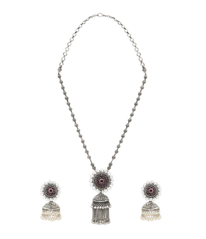Crimson Jhumka Pearl Silver Set