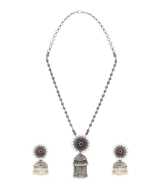 Crimson Jhumka Pearl Silver Set
