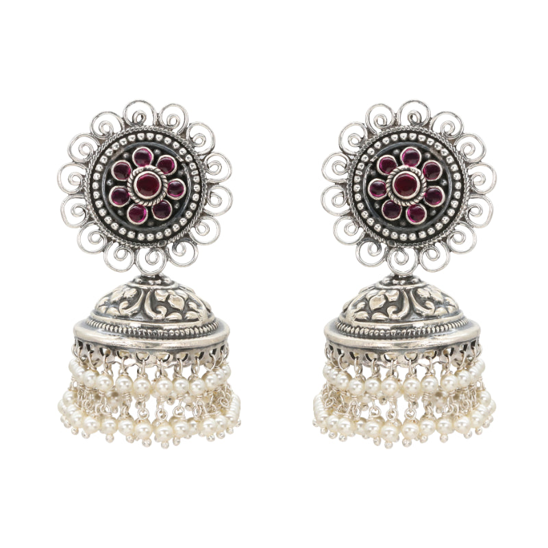Crimson Jhumka Pearl Silver Set